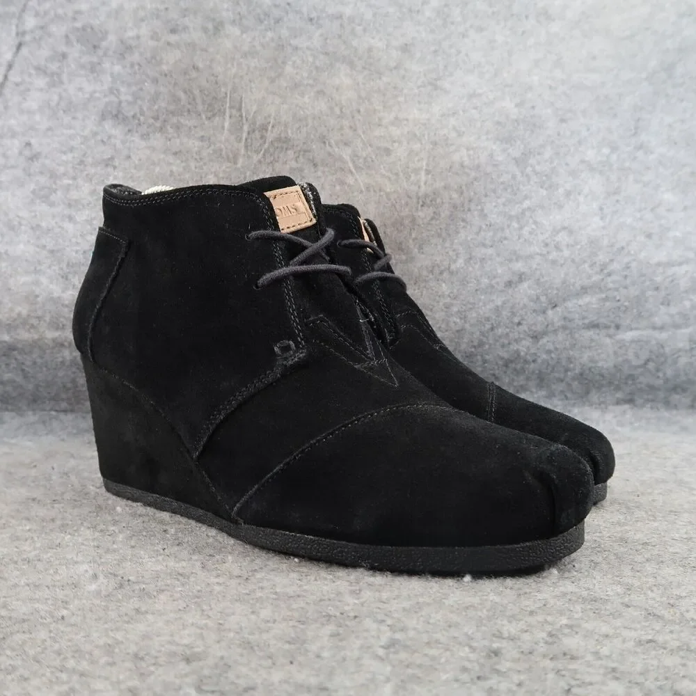 Toms Shoes Womens 9 Booties Wedge Lace Up Desert Casual Leather Lifestyle Black